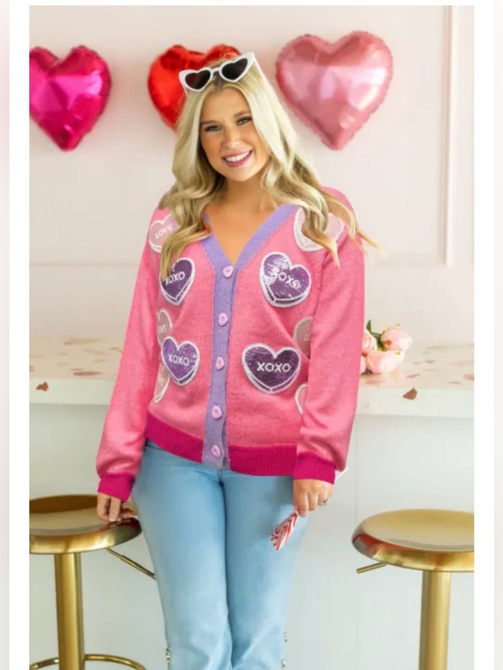 Playful Pink Heart XOXO Button-Front Cardigan